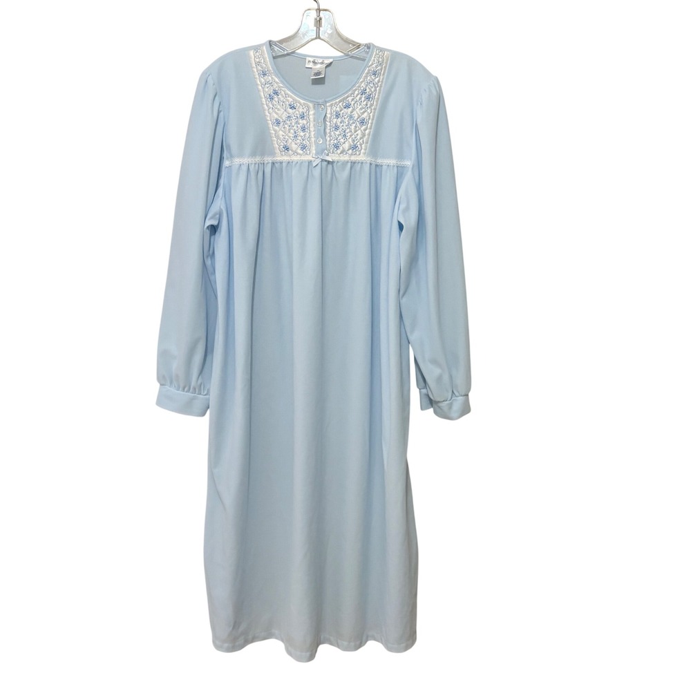 Fundamentals Womens Blue Fleece‎ Nightgown Long Sleeve Floral Embroidered L/G